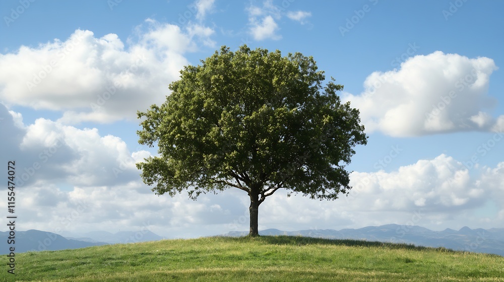 Lush Green Tree on Hilltop Under Blue Sky with Clouds : Generative AI Lush Green Tree on Hilltop Under Blue Sky with Clouds : Generative AI