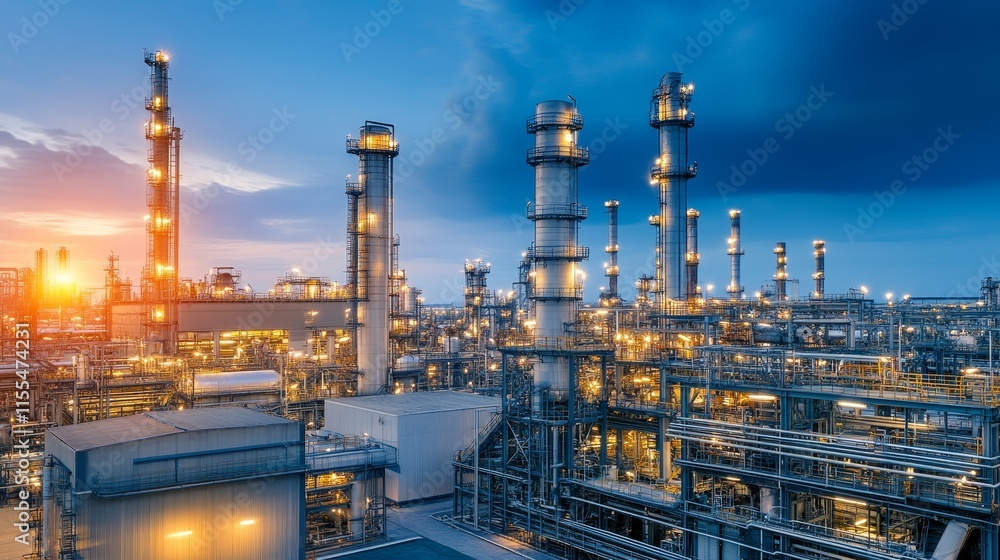 Industrial complex at dusk with illuminated structures and pipe. Industrial complex at dusk with illuminated structures and pipe.