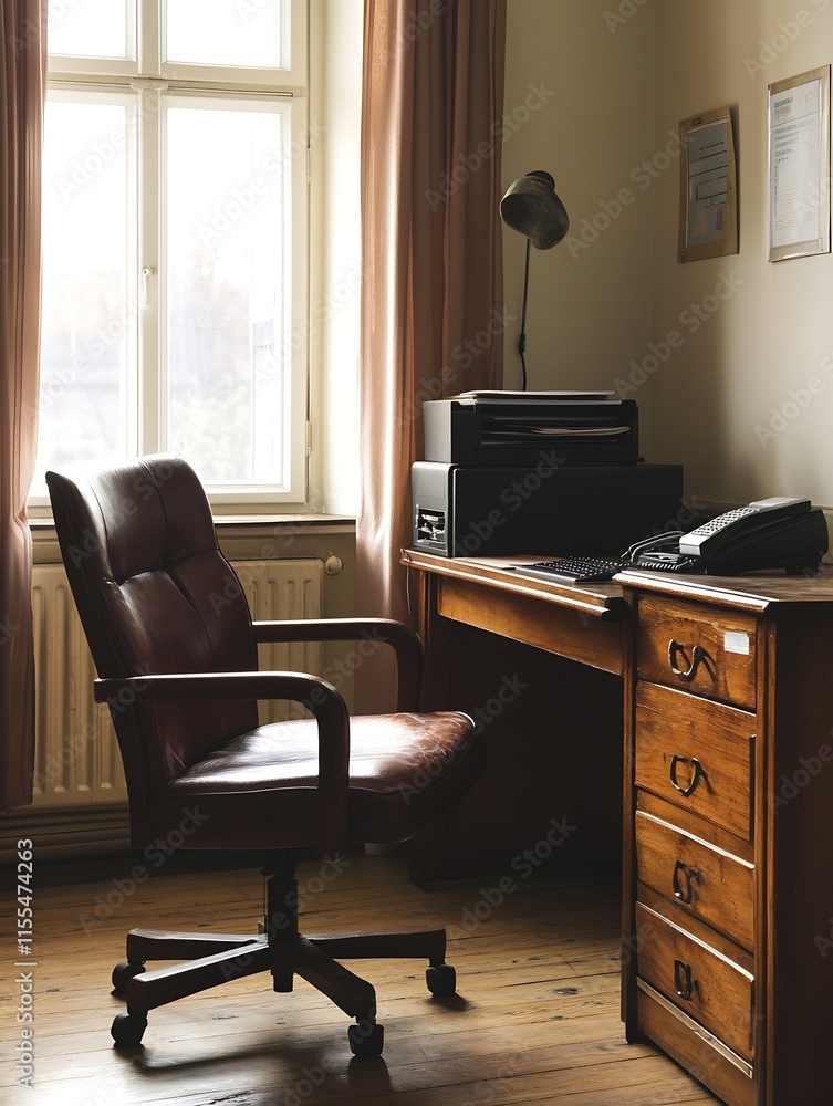 Fototapeta premium Vintage Style Small Office with Leather Chair and Classic Wooden Desk : Generative AI