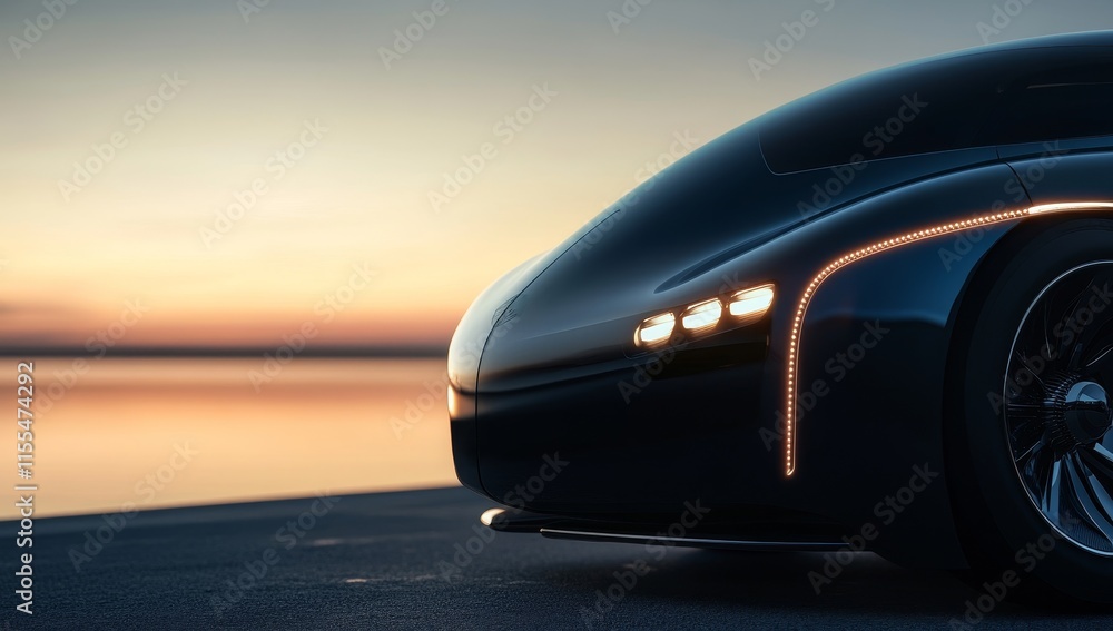 Obraz premium Sleek black electric concept car parked by calm ocean at sunset.