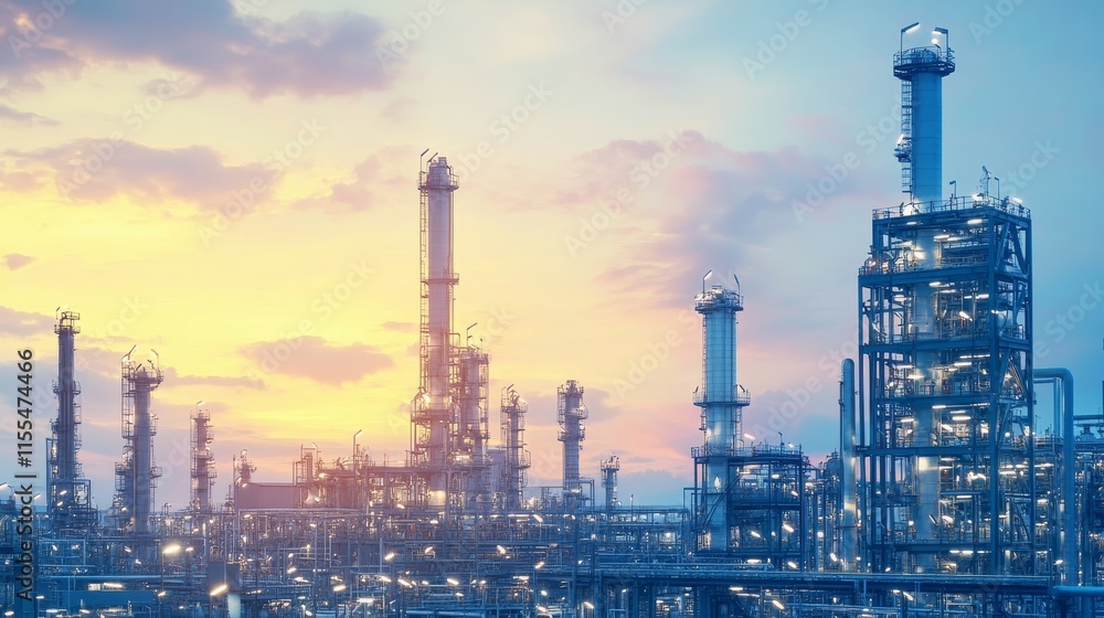 Industrial complex at sunset with towering structures and illuminated pipelines. Industrial complex at sunset with towering structures and illuminated pipelines.