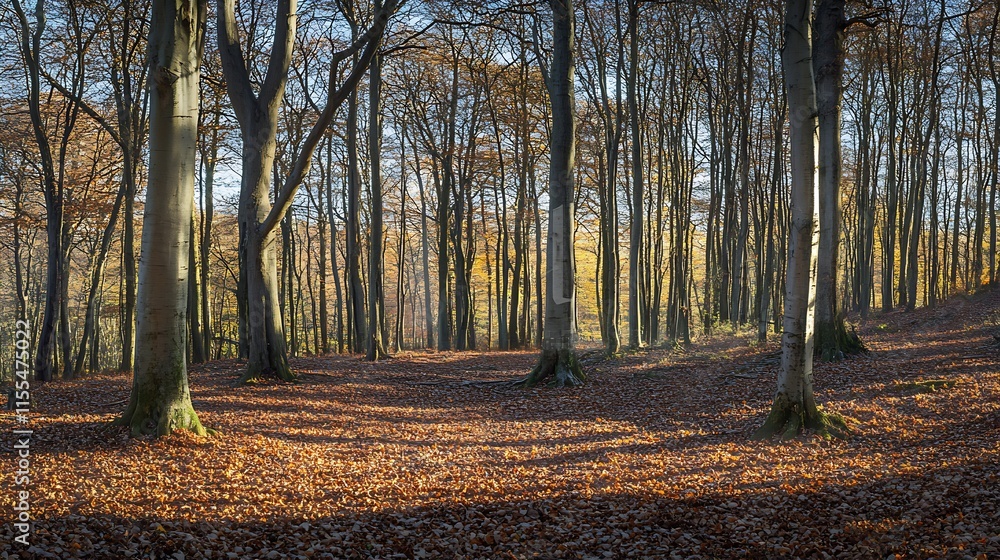 Fototapeta premium Picturesque Autumn Forest with Dense Bare Trees and Ground Covered in Leaves : Generative AI