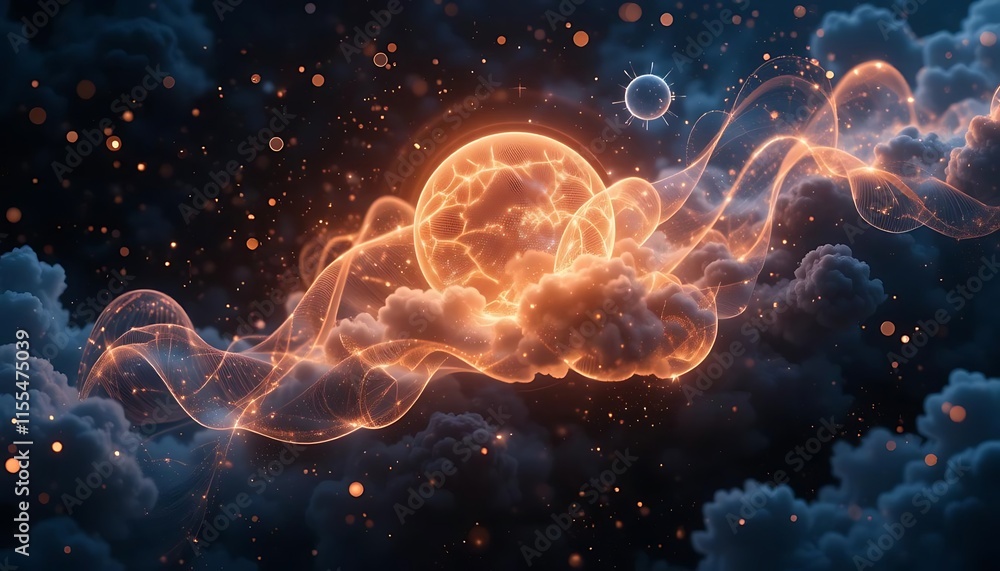 Celestial Orb Embraces Nebulous Clouds in Cosmic Dance Celestial Orb Embraces Nebulous Clouds in Cosmic Dance