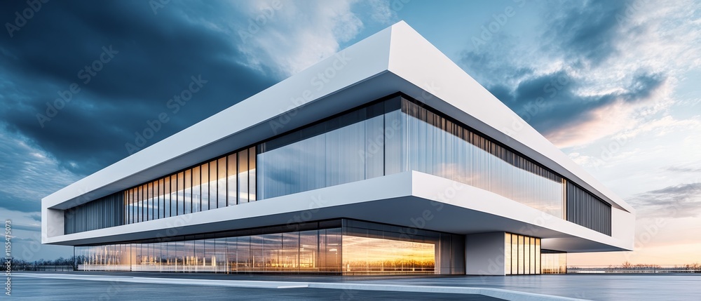A modern architectural structure featuring sleek lines and large glass windows at sunset. A modern architectural structure featuring sleek lines and large glass windows at sunset.