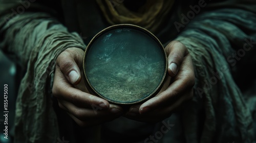 Close-up of hands holding a circular, antique magnifying glass containing sand and dark liquid. photo