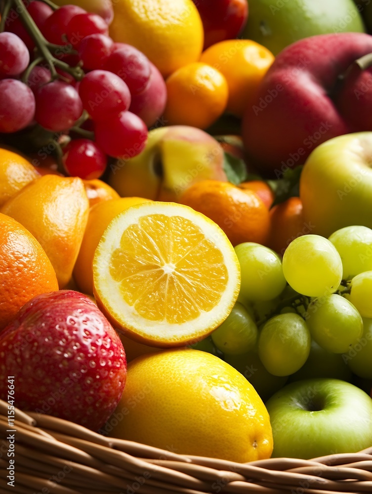Bright and Fresh Basket of Mixed Fruits Including Oranges Grapes and Strawberries for a Nutritious Snack : Generative AI Bright and Fresh Basket of Mixed Fruits Including Oranges Grapes and Strawberries for a Nutritious Snack : Generative AI