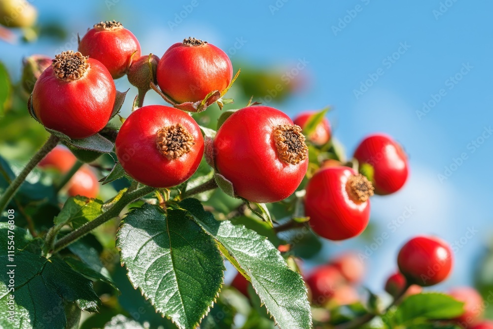 Ripe rose hips growing on a branch against blue sky Ripe rose hips growing on a branch against blue sky