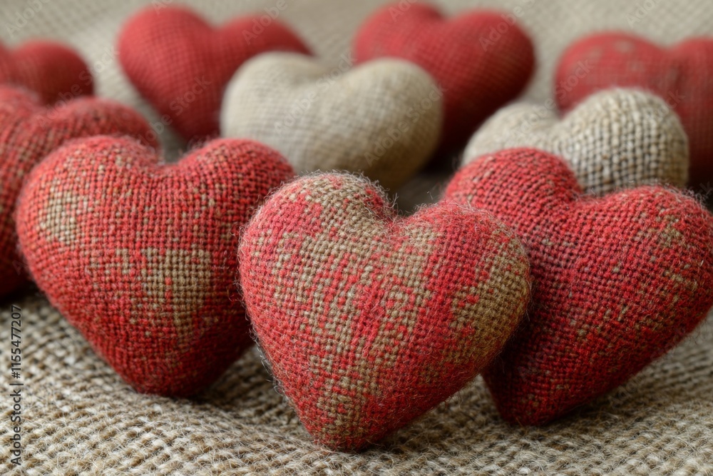 Obraz premium Decorative fabric hearts in various shades displayed on a textured surface