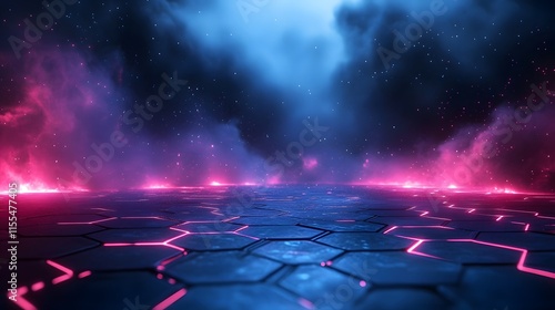 Wallpaper Mural Abstract digital landscape with neon blue and pink gradient, glowing hexagonal floor, cyberpunk horizon, futuristic cityscape, particle effects, light trails, 3D geometric grid, synthwave aesthetic. Torontodigital.ca