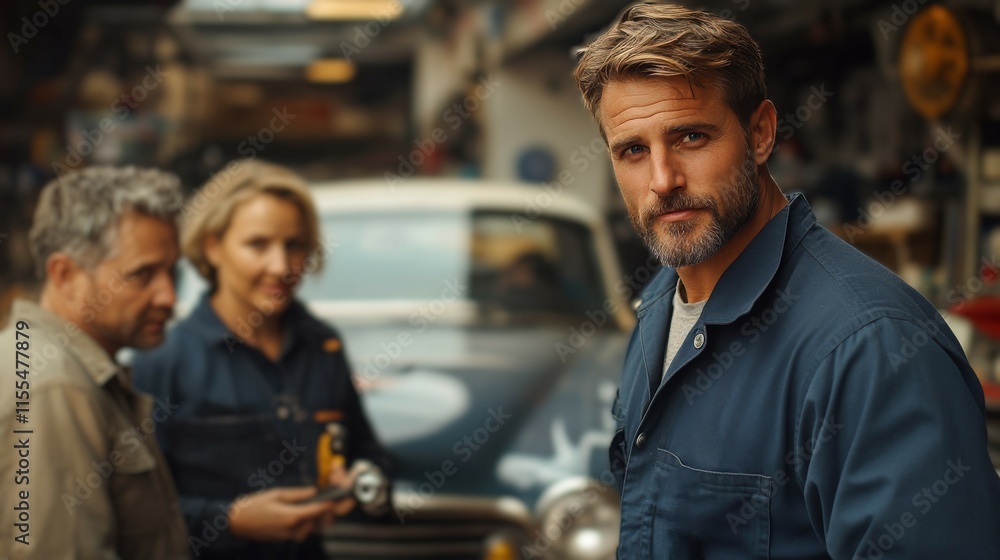 Male auto mechanic working in workshop with female and male colleagues Male auto mechanic working in workshop with female and male colleagues