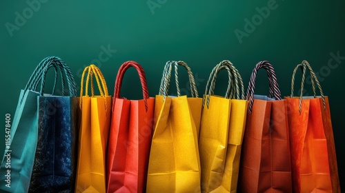 Shopping bags display colorful setup retail store stylish presentation close-up consumerism and trends photo