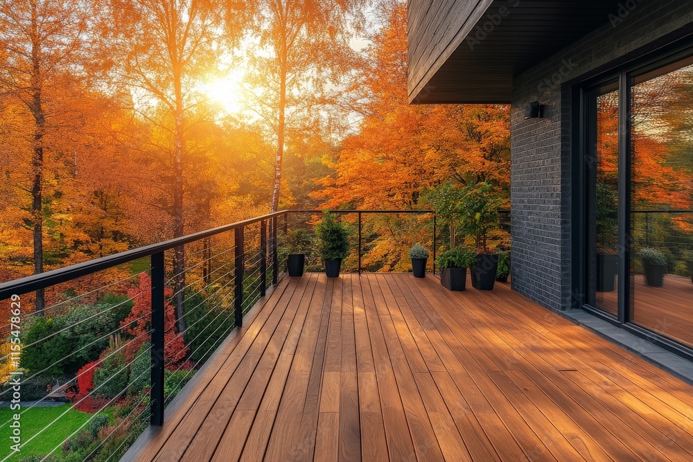 Fototapeta premium Serene autumn sunset over a wooden balcony surrounded by vibrant fall foliage