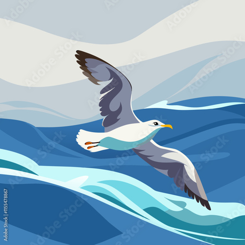 Graceful seagull flying over the ocean illustration with waves and sky
