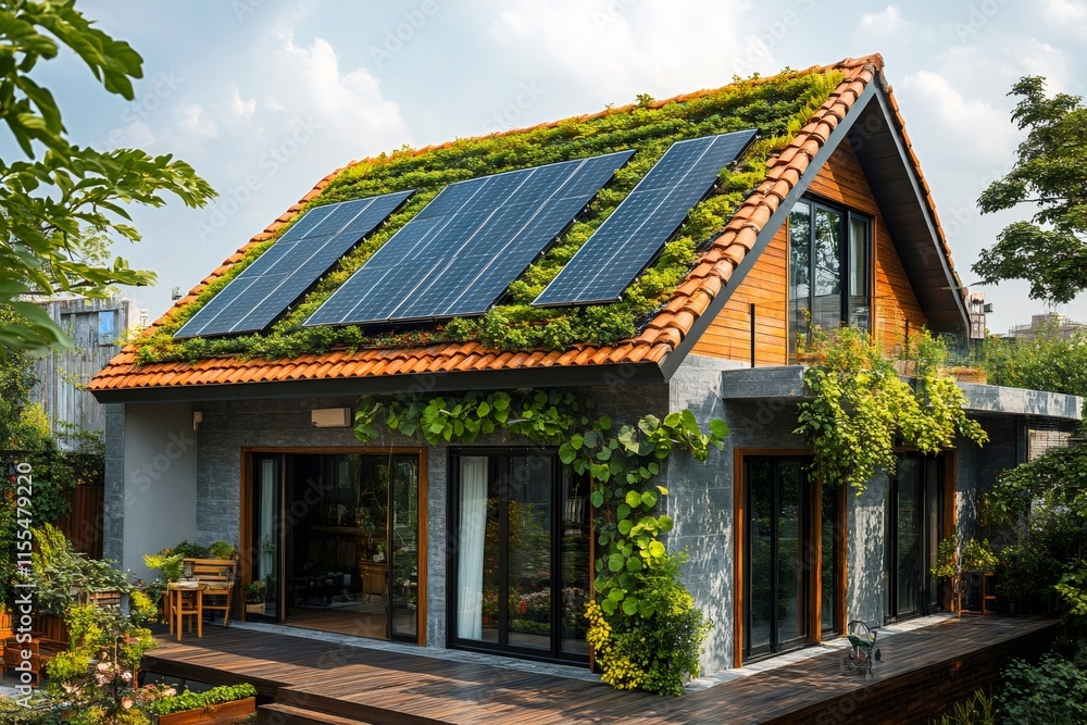 Modern eco-friendly house with solar panels and green roof promoting sustainable living Modern eco-friendly house with solar panels and green roof promoting sustainable living