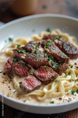 Creamy Cajun Steak Alfredo with Tender Pasta, Garnished with Fresh Herbs and Spices, Set Against a Soft Bokeh Cafe Background