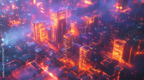 Futuristic smart city buildings, holographic architectural visualization, glowing circuit patterns, tech blue scheme, 3D isometric view, floating structures with glass facades, cyberpunk atmosphere.
