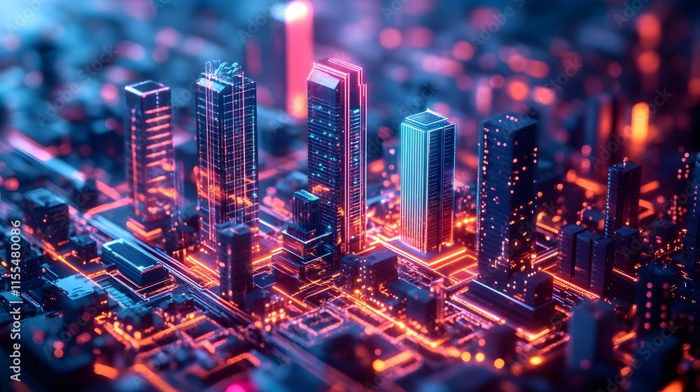 Futuristic smart city buildings, holographic architectural visualization, glowing circuit patterns, tech blue scheme, 3D isometric view, floating structures with glass facades, cyberpunk atmosphere. Futuristic smart city buildings, holographic architectural visualization, glowing circuit patterns, tech blue scheme, 3D isometric view, floating structures with glass facades, cyberpunk atmosphere.