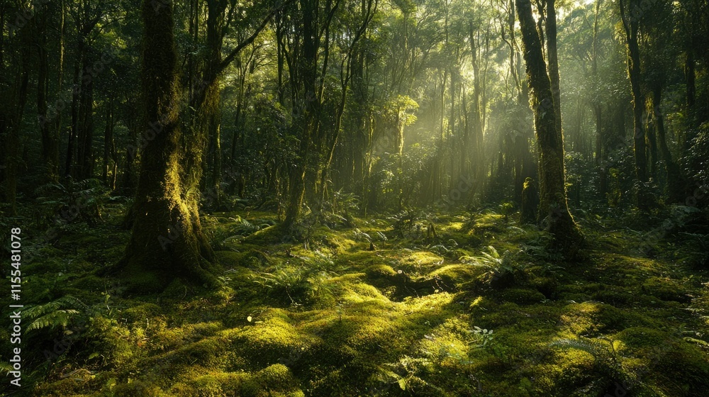 Fototapeta premium Sunlit Mossy Forest: A Mystical Green Haven