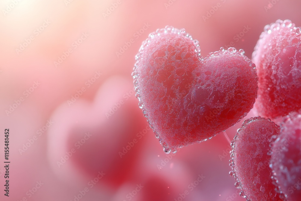 Obraz premium Colorful heart shapes with sparkling droplets captured during a serene afternoon light