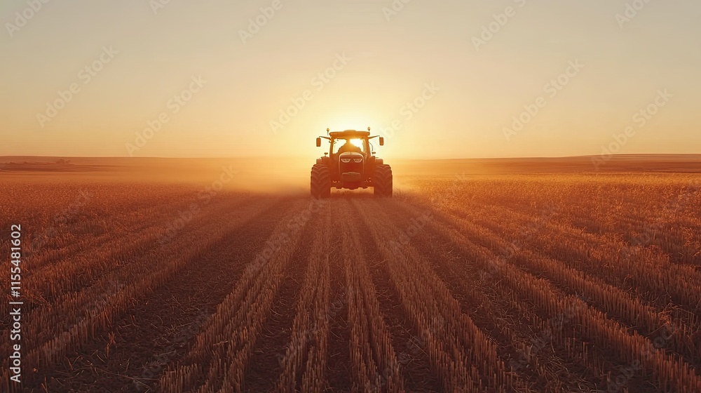 Fototapeta premium Sunset Tractor Silhouette in Golden Field