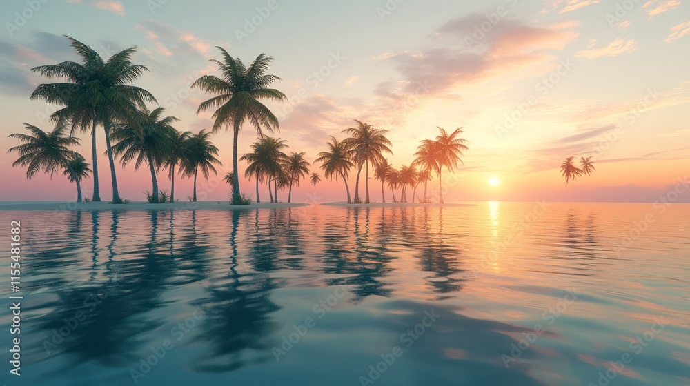 Idyllic sunset over tropical island with palm trees reflecting in calm ocean water. Idyllic sunset over tropical island with palm trees reflecting in calm ocean water.