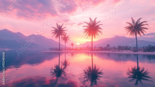 Pink sunset over calm ocean with palm trees reflecting in water. (1)