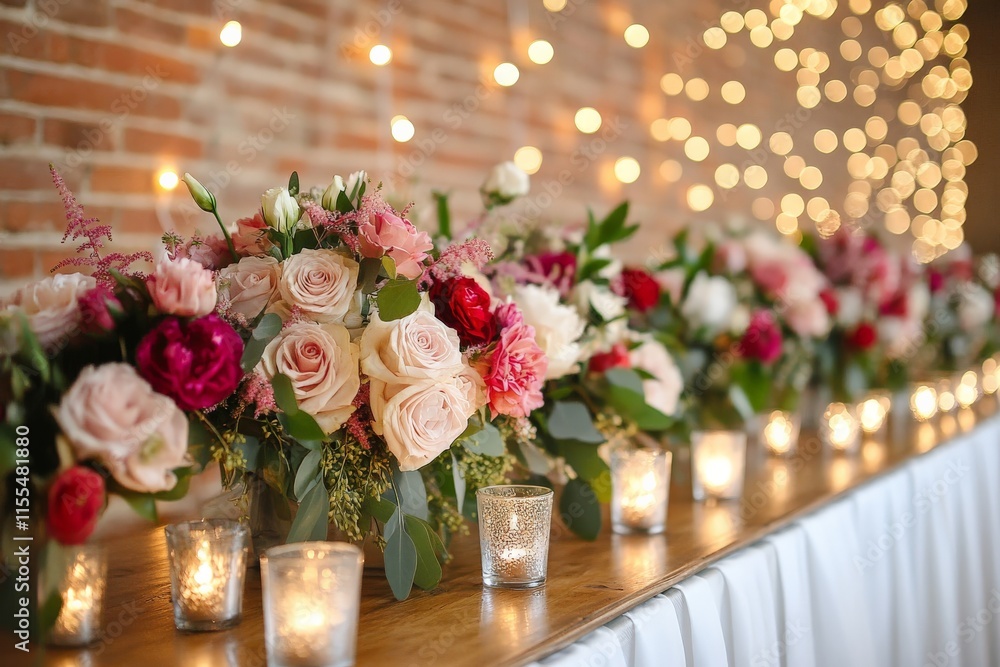 Obraz premium Beautiful floral arrangements and candlelight create a romantic atmosphere for an elegant gathering in a spacious venue