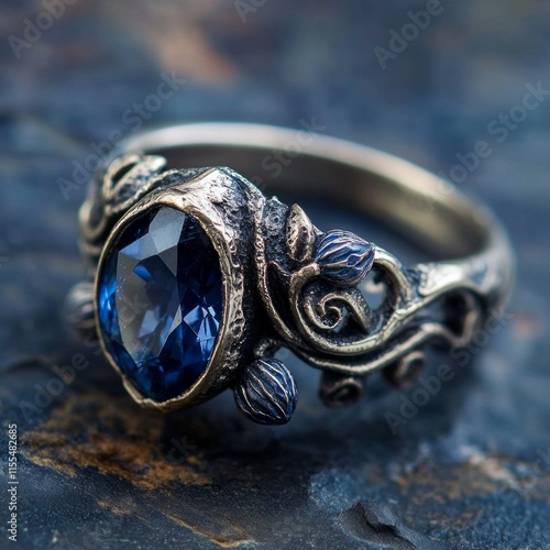 Antique silver ring with blue sapphire and intricate floral design photo