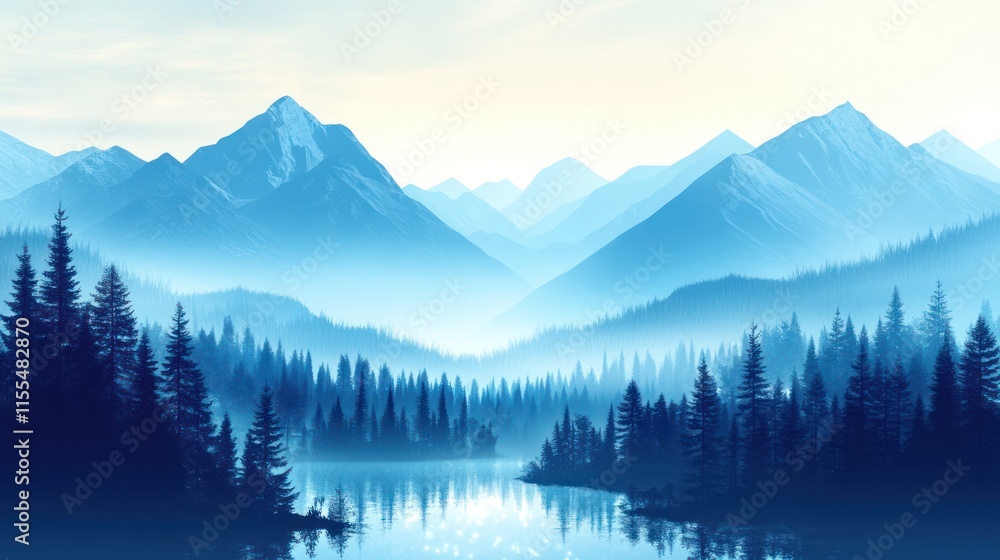 Obraz premium Serene blue mountain lake landscape with misty forest.