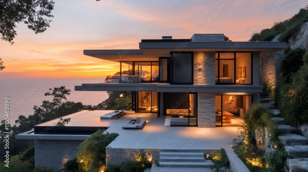 Modern luxury cliffside villa overlooking tranquil ocean at sunset Modern luxury cliffside villa overlooking tranquil ocean at sunset