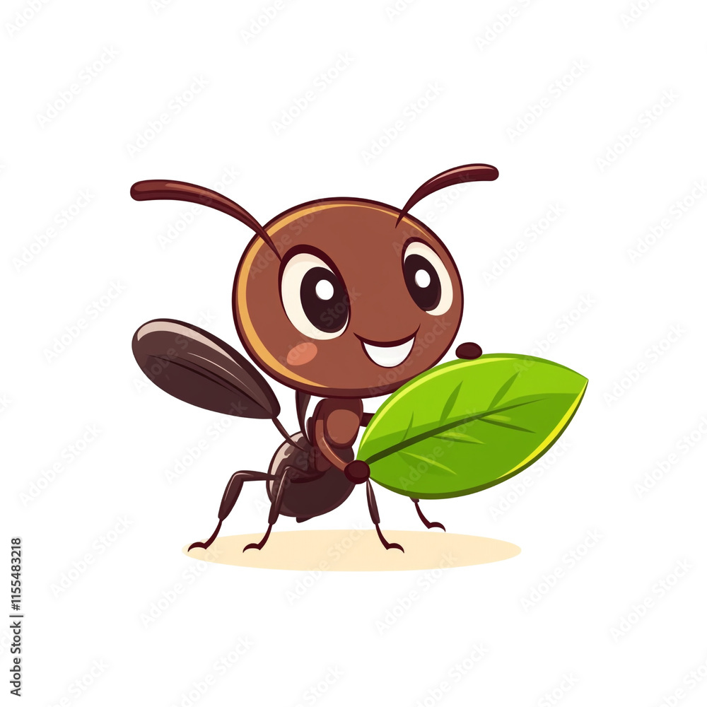 Naklejka premium Adorable Cartoon Ant Carrying a Leaf