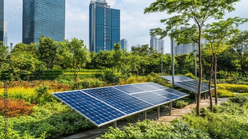 Modern Urban Cityscape with Integrated Solar Panels