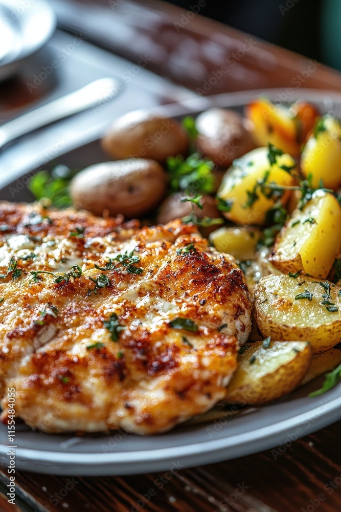 Delicious Garlic Parmesan Chicken with Roasted Potatoes and Herbs Served on a Rustic Plate in a Cozy Cafe Setting Delicious Garlic Parmesan Chicken with Roasted Potatoes and Herbs Served on a Rustic Plate in a Cozy Cafe Setting