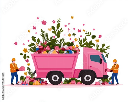 Eco-Friendly Garbage Truck with Nature Elements Eco-friendly waste management Trash truck and flowers