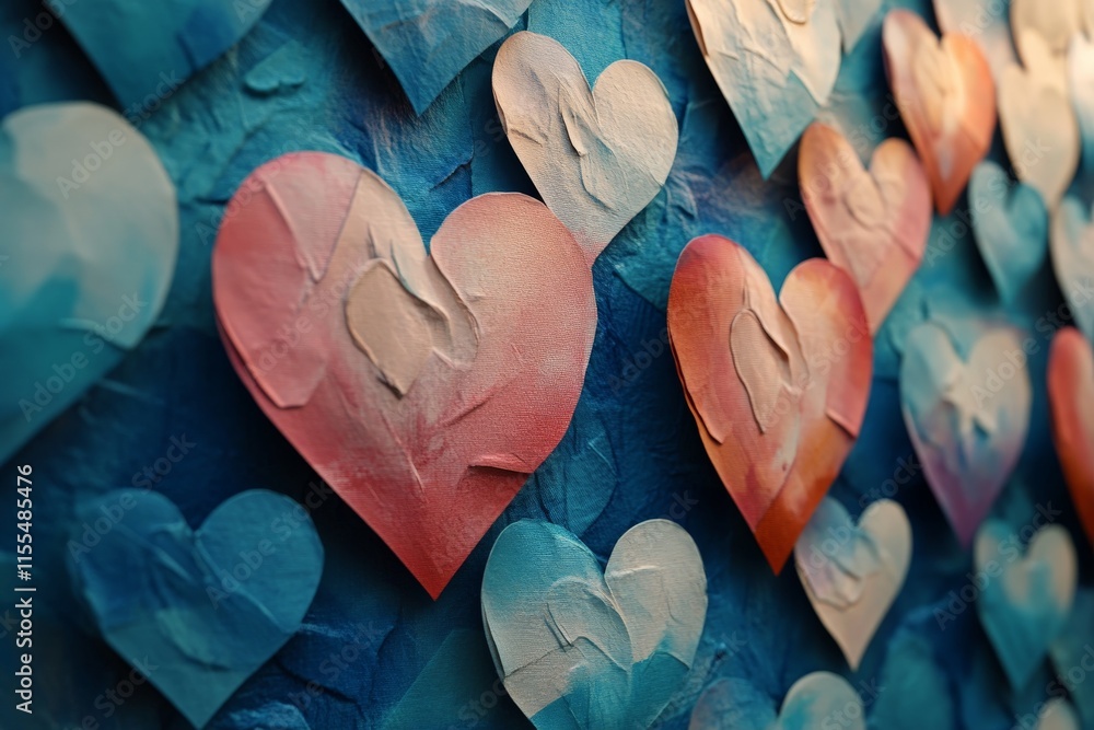 Obraz premium Colorful heart decorations on a textured blue background create a vibrant and cheerful atmosphere for any occasion