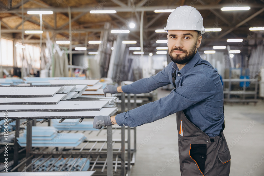 Factory worker moving aluminum profiles for windows and doors production Factory worker moving aluminum profiles for windows and doors production