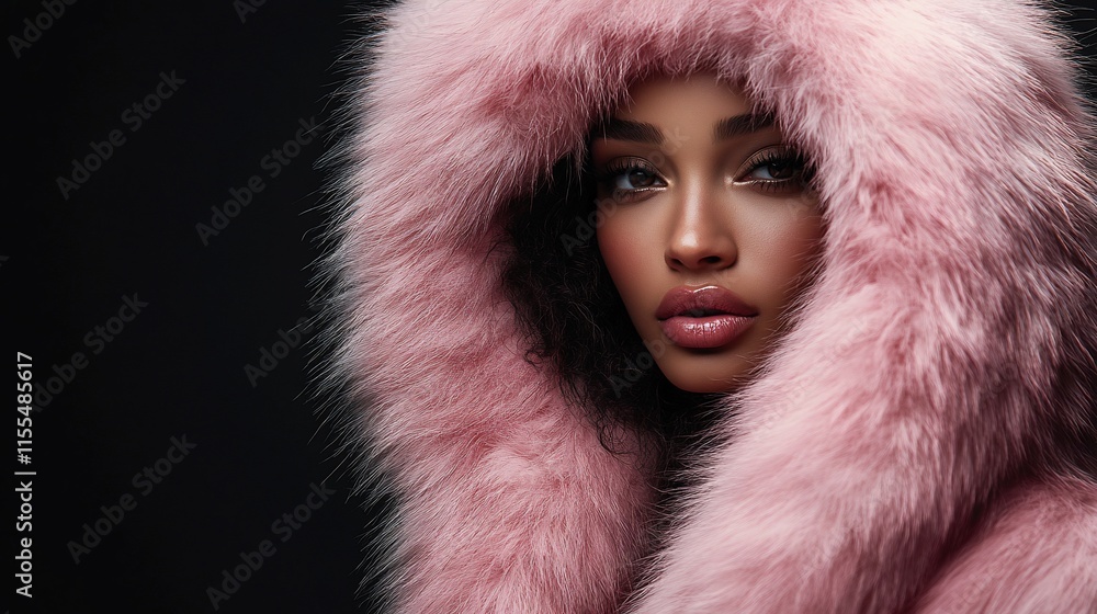 A close-up portrait of a woman in a pink fur hood against a dark background.
