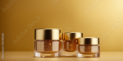 trasperent cosmetic jar with golden cap on edge of golden matt box , golden background glowing sparkle falling on jar and caustic of jar mockup