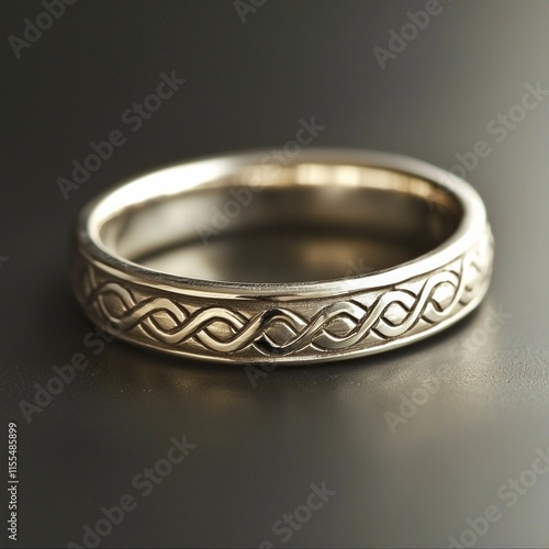 Elegant silver ring with intricate celtic knot design on dark background photo