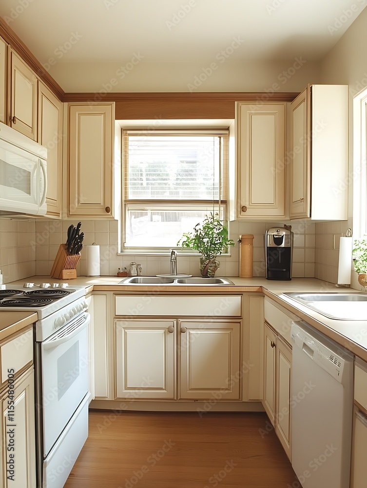 Compact Traditional Kitchen with Cream Cabinets and Sunlit Window and Efficient Layout : Generative AI Compact Traditional Kitchen with Cream Cabinets and Sunlit Window and Efficient Layout : Generative AI