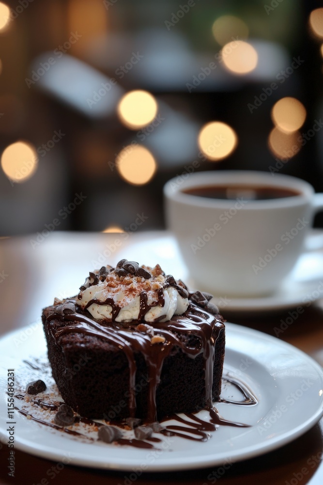 Indulgent Hot Fudge Brownie Served on a White Plate with Coffee in a Cozy Cafe Setting with Bokeh Lights in the Background Indulgent Hot Fudge Brownie Served on a White Plate with Coffee in a Cozy Cafe Setting with Bokeh Lights in the Background