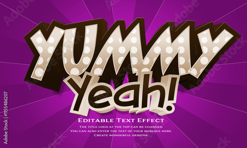 ”Yummy Yeah!” Editable title logo text style effect.3D and comical style with a deep purple radial pattern background, light beige polka dot pattern, and dark brown edges. sans serif typeface
