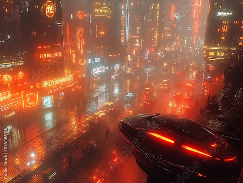 Futuristic city street at night, rain, neon lights, flying vehicle. photo