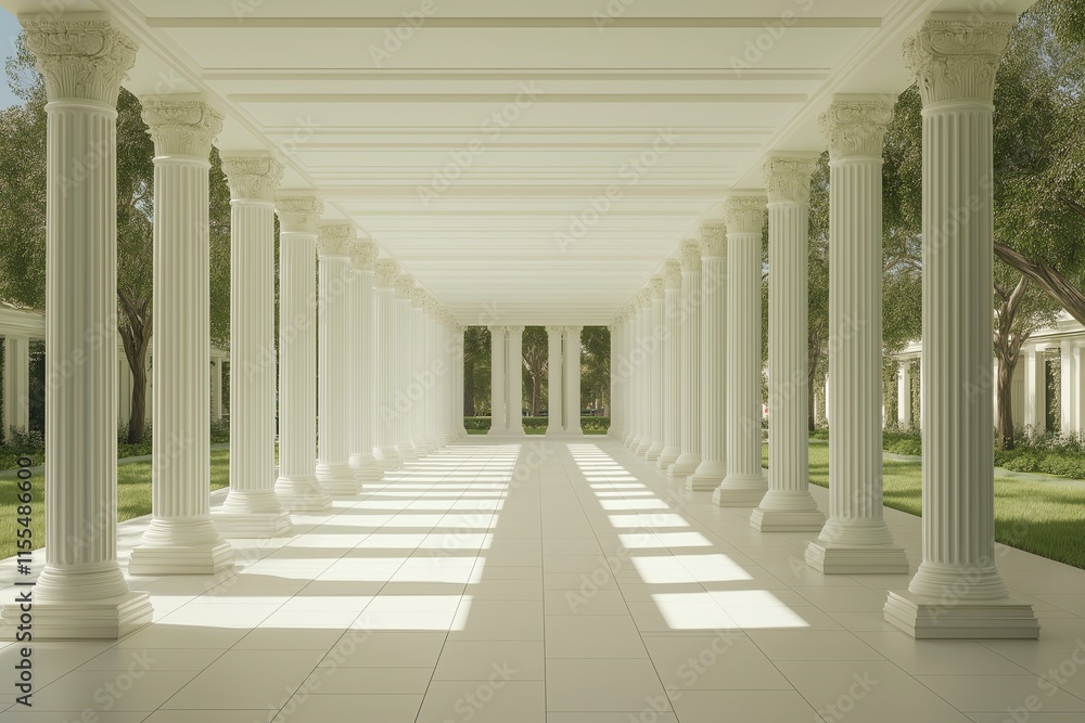A symmetrical hallway of white pillars disappearing into the distance A symmetrical hallway of white pillars disappearing into the distance