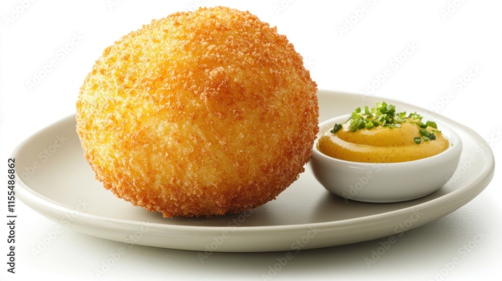 Crispy fried food ball with mustard dip on plate. Crispy fried food ball with mustard dip on plate.