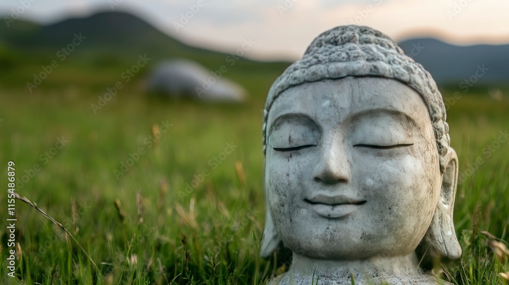 Serene Buddha Head in Grassy Field at Sunset Serene Buddha Head in Grassy Field at Sunset