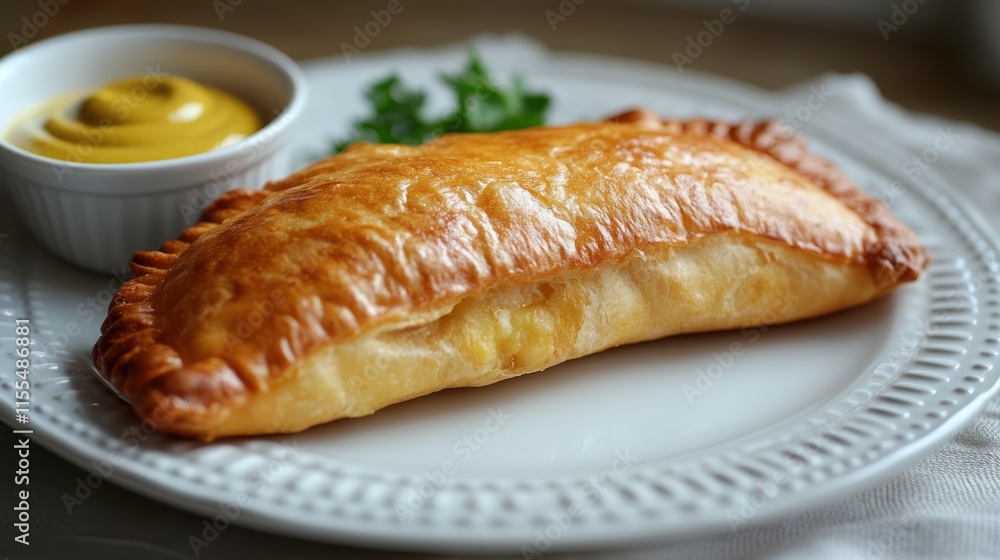 Golden-brown baked pastry on plate with mustard. Golden-brown baked pastry on plate with mustard.