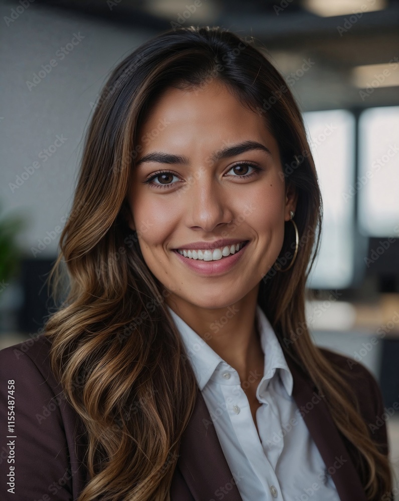 Smiling Hispanic businesswoman with long hair in a modern corporate office setting Smiling Hispanic businesswoman with long hair in a modern corporate office setting