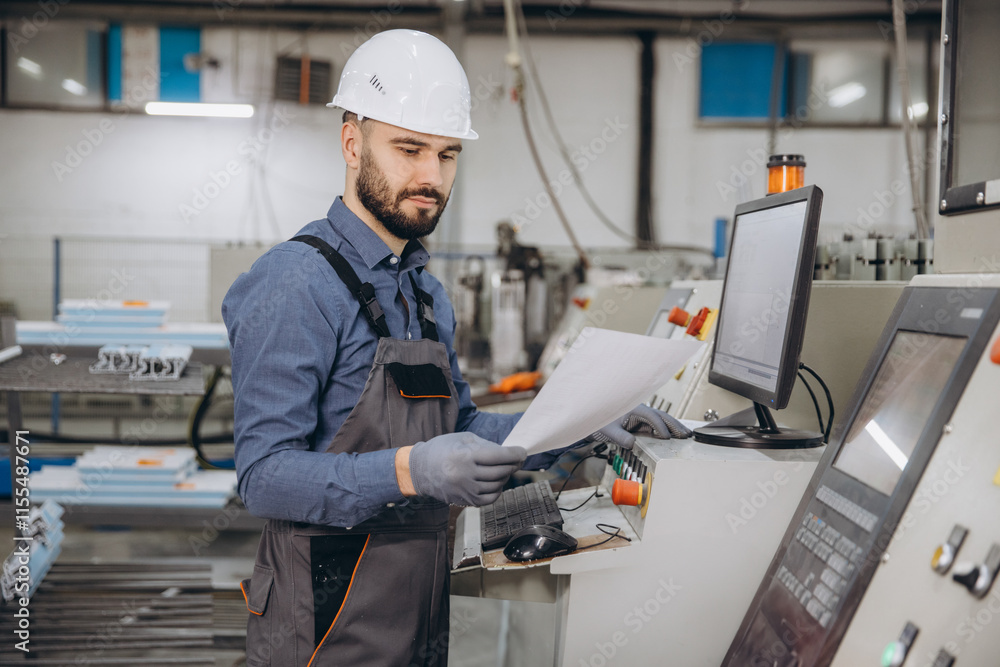 Factory worker operating industrial machinery for aluminum and PVC windows and doors production Factory worker operating industrial machinery for aluminum and PVC windows and doors production