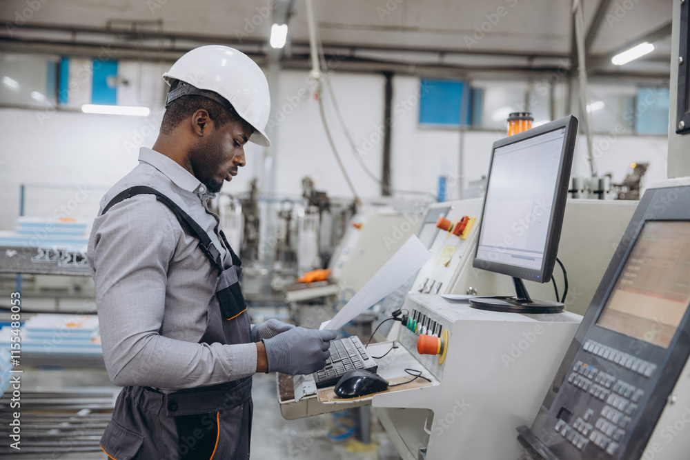 Factory worker operating machinery for aluminum and PVC windows and doors production Factory worker operating machinery for aluminum and PVC windows and doors production